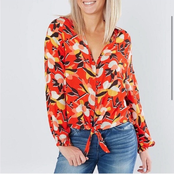 Billabong long sleeve tie front button down tropical shirt SZ M orange yellow - Picture 1 of 13